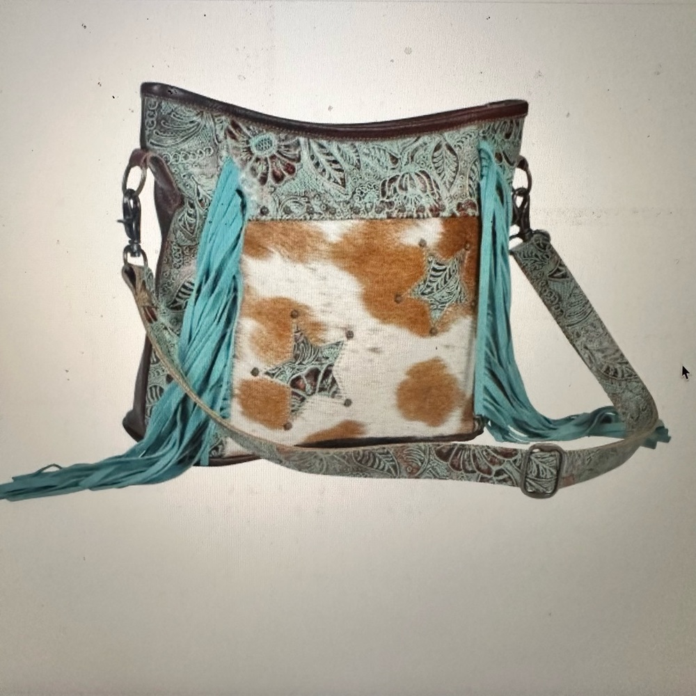Brand New Turquoise, Brown, & Cream Fringe Leather Purse/Bag- Myra Bag